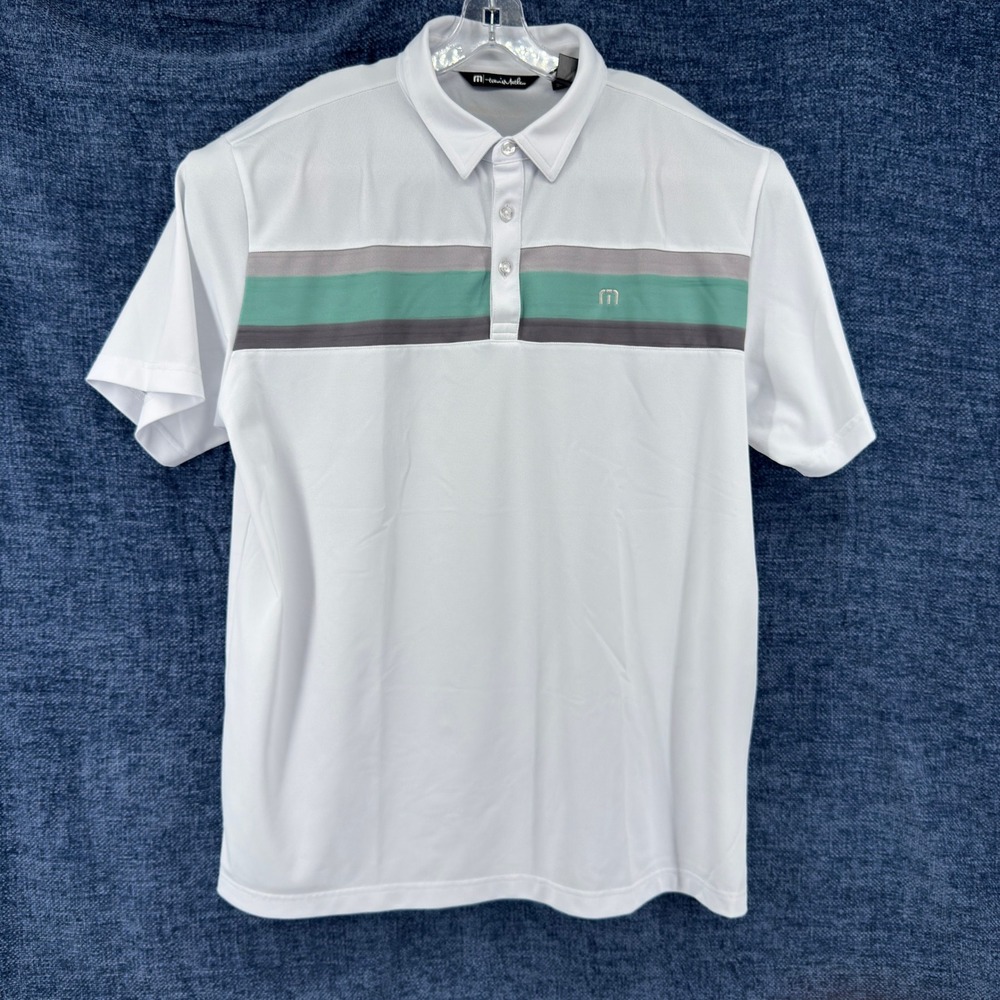 TravisMathew Polo Shirt Mens XXL White Polyester Blend Regular Striped Chest